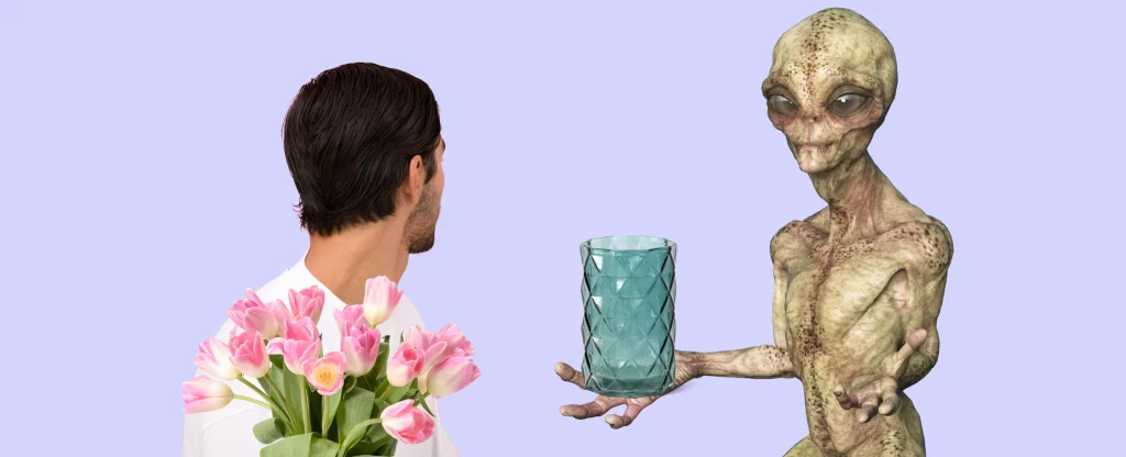 an alien holding a vase for the flowers