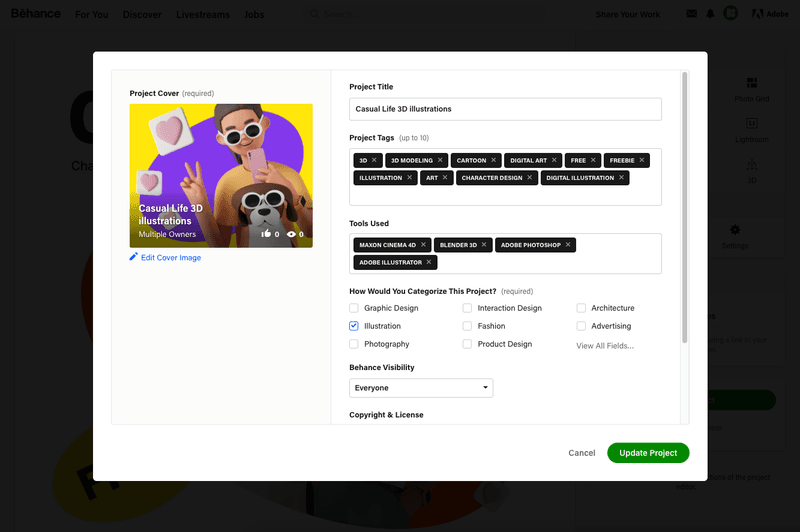 Example of Behance project settings